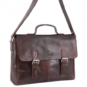 Pierre Cardin Rustic Leather Computer Bag Dark Chocolate | IJUCX2863