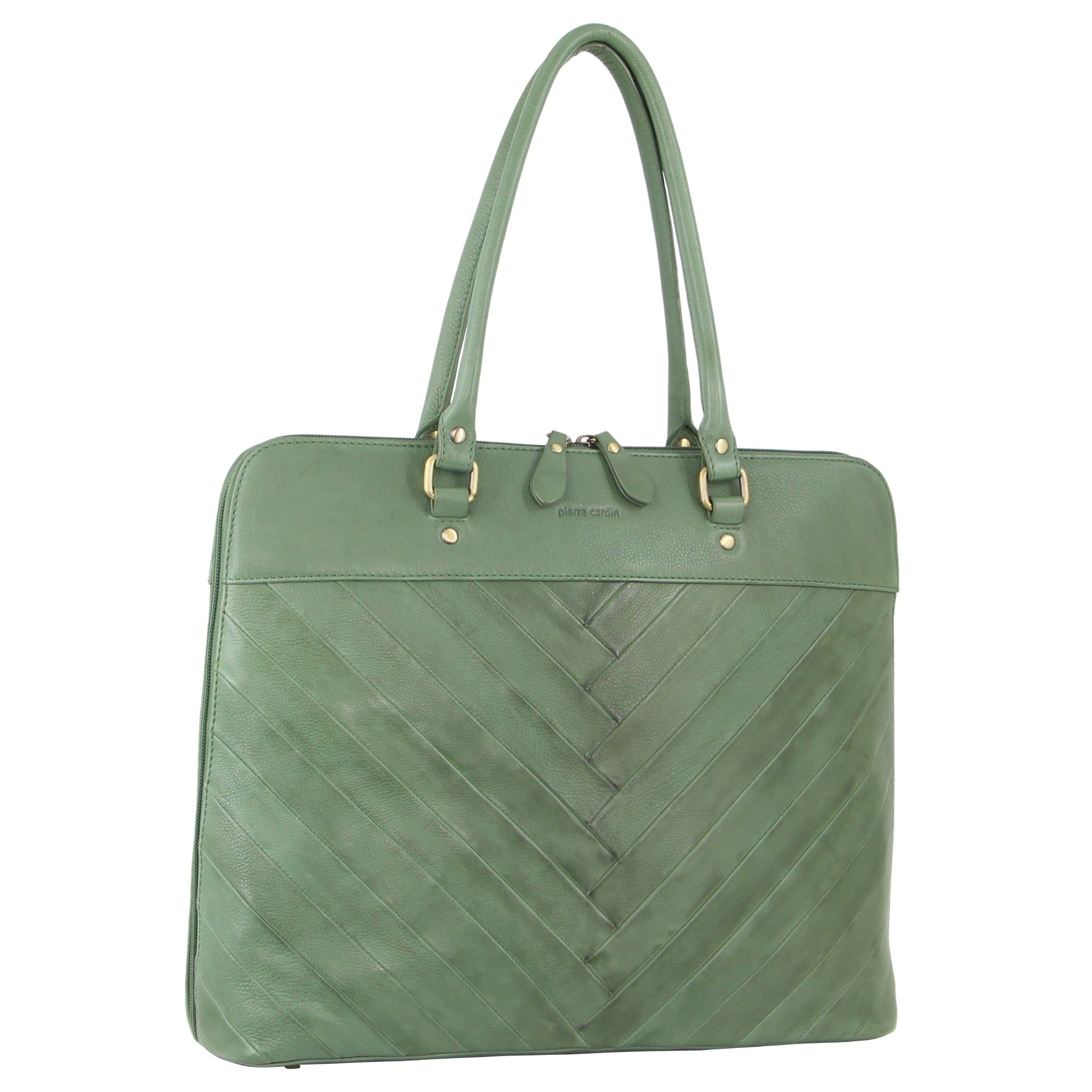 Pierre Cardin Herringbone Leather Large Business Bag Green | YQUZI2589