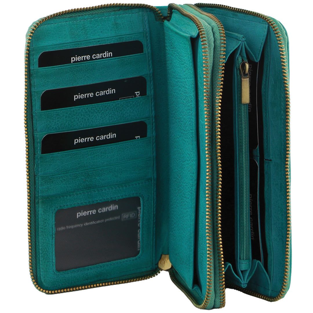 Pierre Cardin Italian Leather Double Zip Wallet Turquoise | GZMQJ7130