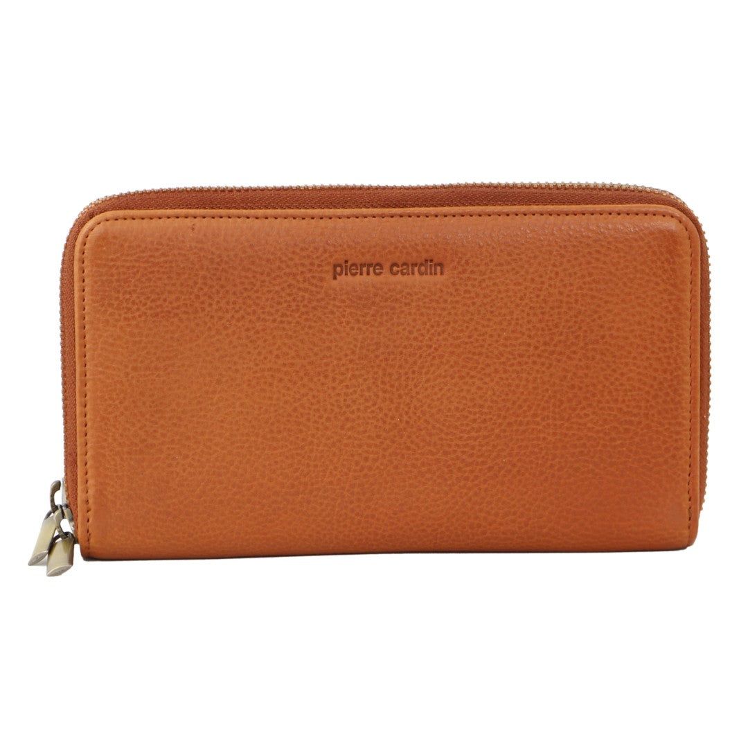 Pierre Cardin Italian Leather Double Zip Wallet Brown | GXVZT1290