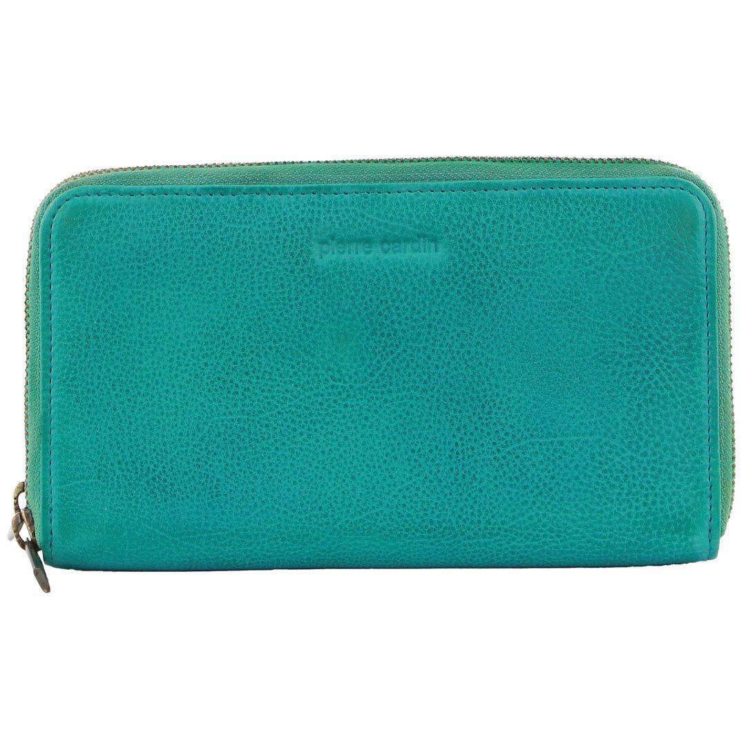 Pierre Cardin Italian Leather Double Zip Wallet Turquoise | MVYWG7968