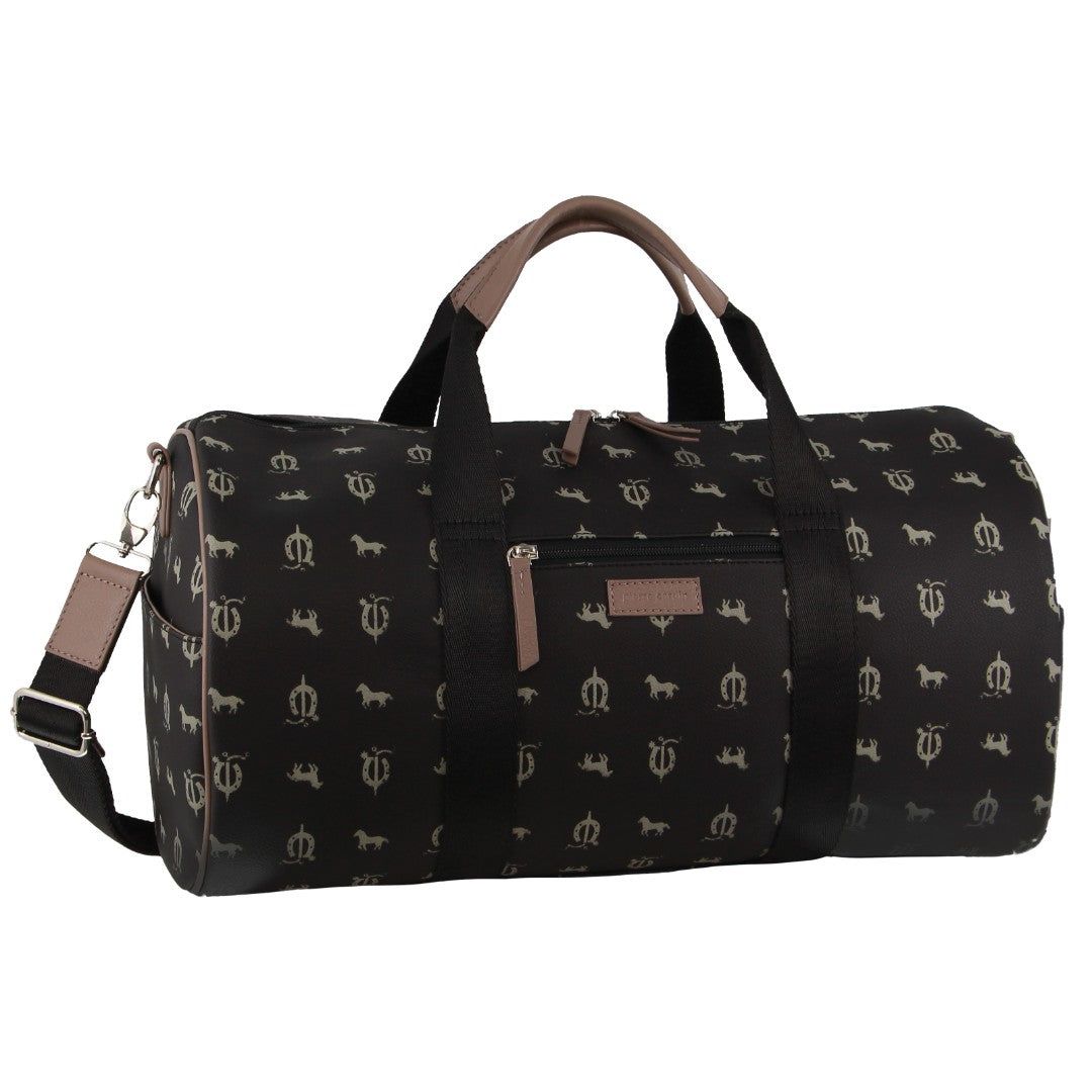 Pierre Cardin Leather Canvas Print Design Duffle Bag Black | TKVLB0379