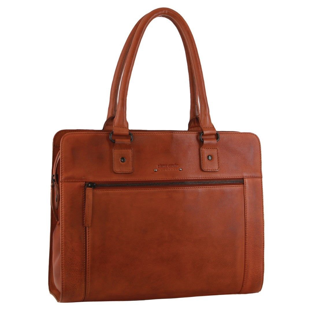 Pierre Cardin Leather Computer Tote Bag Brown | OFNSL5832