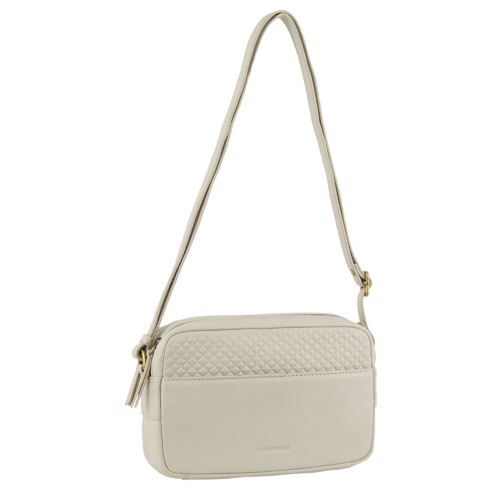 Pierre Cardin Leather Diamond Pattern Embossed Crossbody Bag Beige | COESM8429