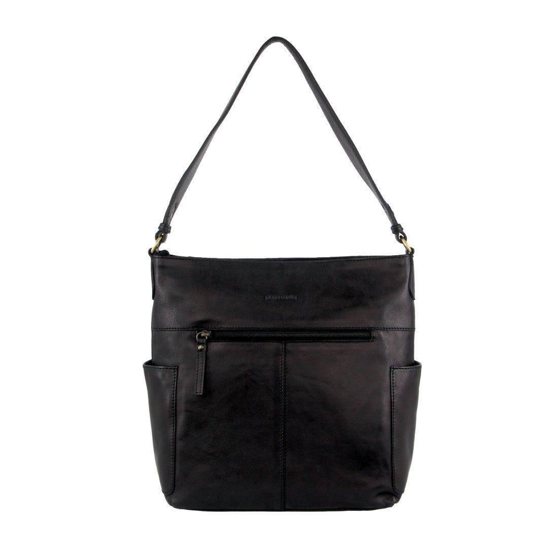 Pierre Cardin Leather Stitch-design Hobo Bag Black | WAZXU5064