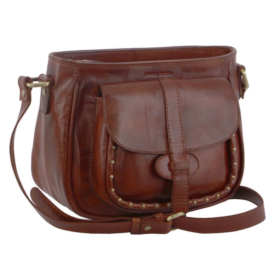 Pierre Cardin Leather Stud Detail Cross-body Bag Brown | KINLT8415