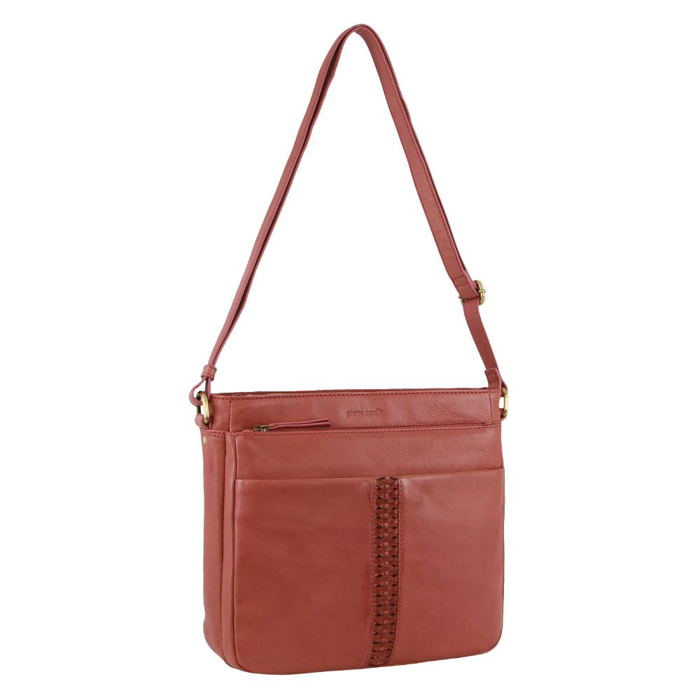 Pierre Cardin Leather Woven-Stich Design Crossbody Bag Marsala | GOWUJ1420