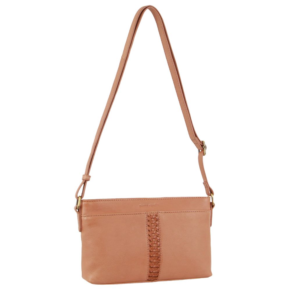 Pierre Cardin Leather Woven Design Crossbody Bag Apricot | WZHYR1065