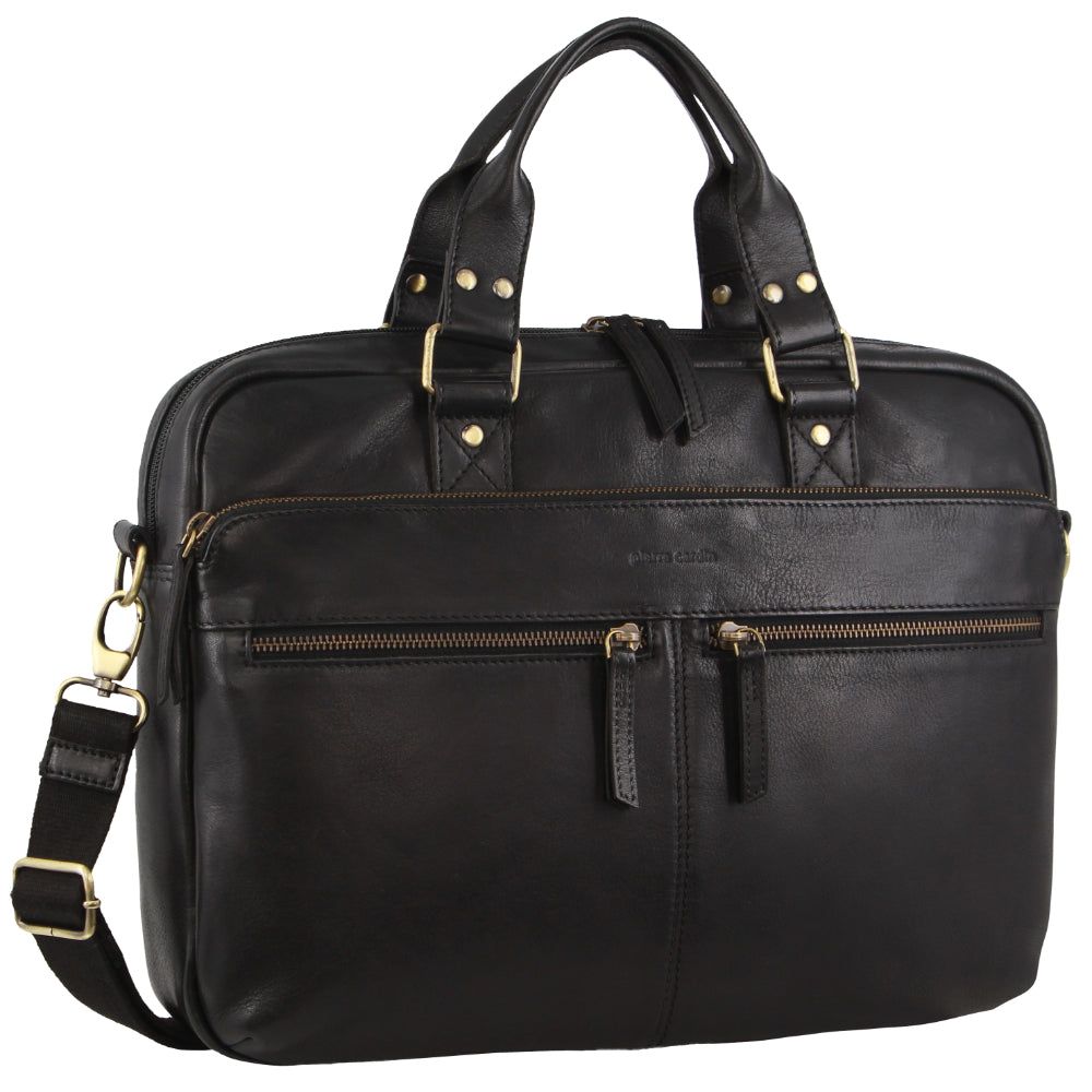 Pierre Cardin Multi-Compartment Leather Computer Bag Black | OAMNT9156