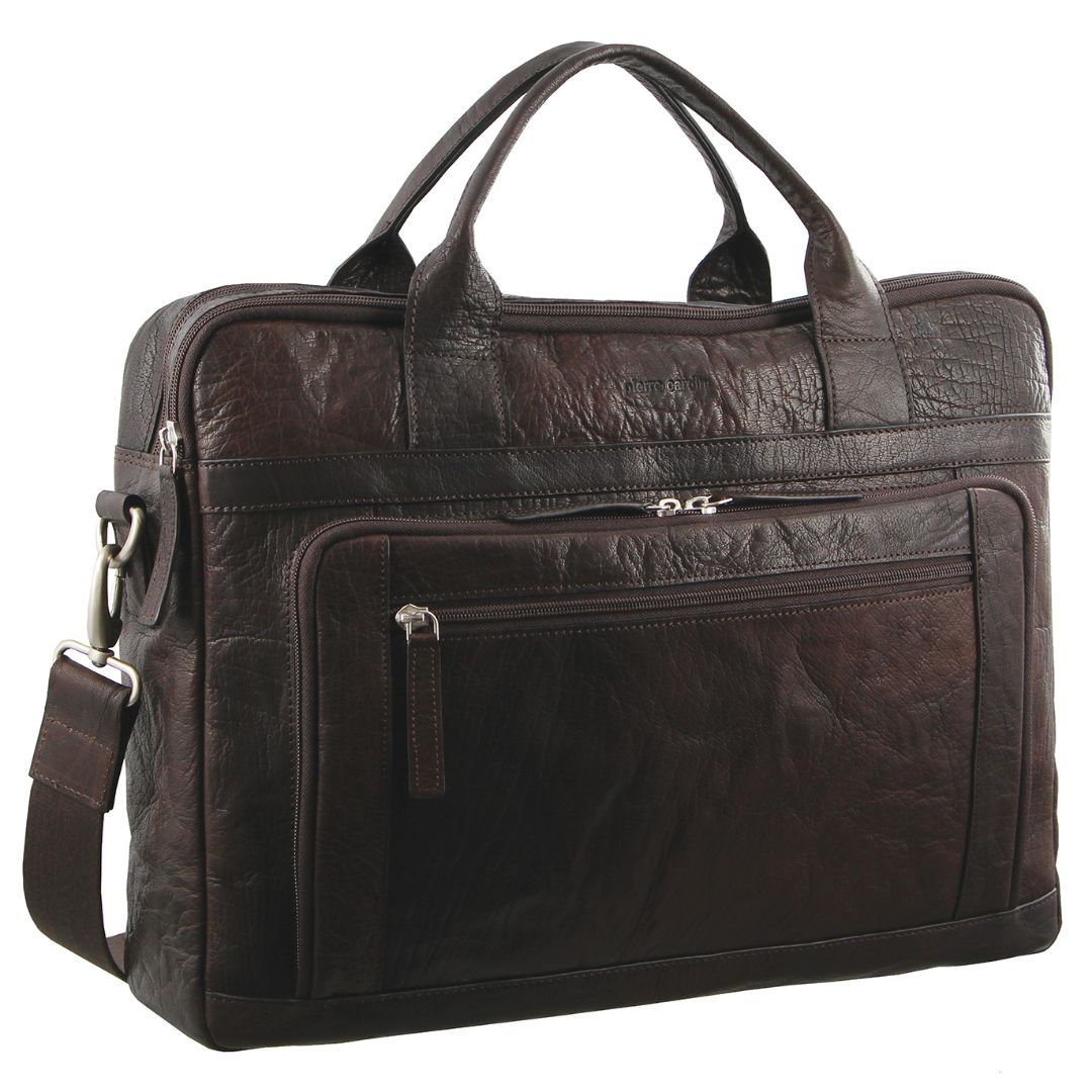 Pierre Cardin Rustic Leather Computer Business Bag Brown | SLQMB9074